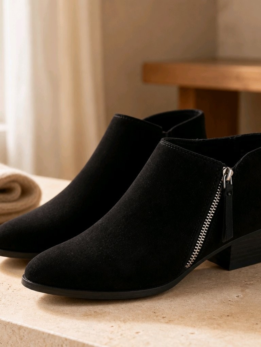 Women's Black Suede Ankle Booties with Side Zip